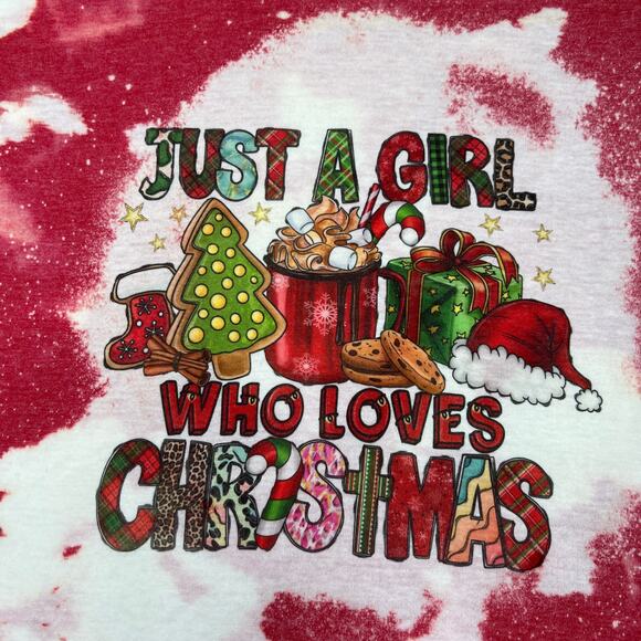 Holiday "Just a Girl Who Loves Christmas" Red Bleached Christmas Tee Small - Picture 1 of 6